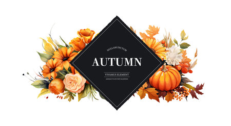 Autumn banner with pumpkins, flowers and leaves. vector illustration.のイラスト素材