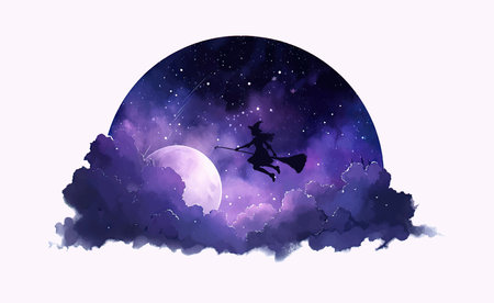 Halloween background with witch flying on broom and full moon. vector illustration.の写真素材