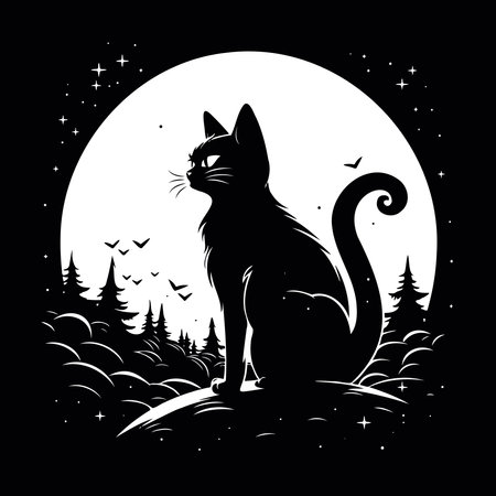 Cat in the forest at night with full moon. vector illustration.のイラスト素材