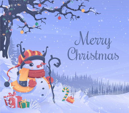 Merry Christmas and Happy New Year greeting card with snowman on winter landscape.の写真素材