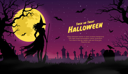 Halloween background with witch, cemetery and full moon. Vector illustrationのイラスト素材
