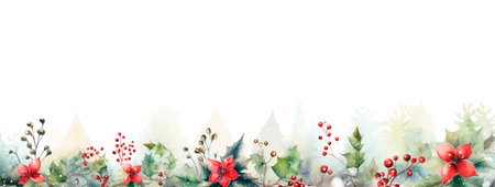 Watercolor christmas border with holly and mistletoe. Hand painted illustration.の写真素材