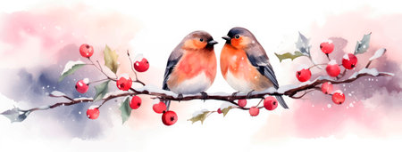 Watercolor Christmas card with bullfinches on a branch with red berriesの写真素材