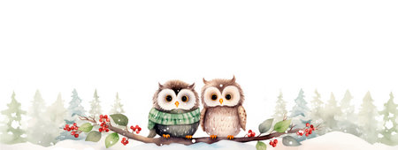 Owls sitting on a branch in winter forest. Watercolor illustration.の写真素材