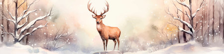 Beautiful winter landscape with deer in the forest. Vector illustration.の写真素材