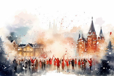 Digital watercolor painting of a group of people celebrating the New Yearの写真素材