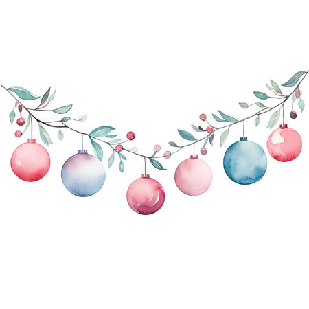 Watercolor Christmas garland with balls and leaves. Vector illustration.のイラスト素材