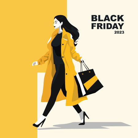 Black Friday sale poster. Vector illustration of a woman in yellow coat with shopping bags.のイラスト素材