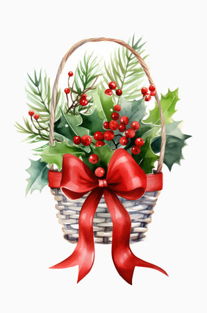 Watercolor Christmas wicker basket with holly leaves and berries.のイラスト素材