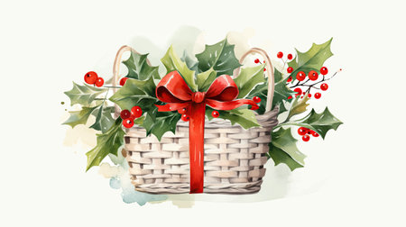 Christmas wicker basket with holly leaves and berries. Vector illustration.のイラスト素材