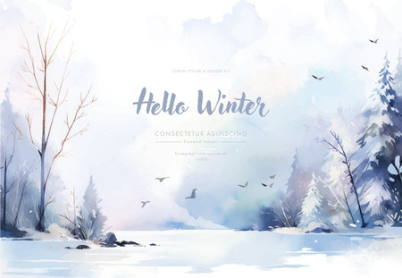 Watercolor winter landscape with frozen lake and forest. Vector illustration.のイラスト素材