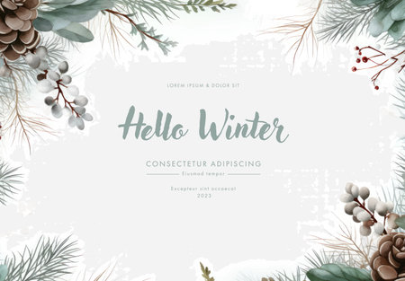 Winter greeting card with fir branches, berries and cones. Vector illustration.の写真素材