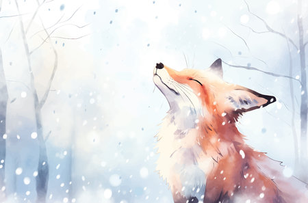 Digital painting of a fox in the winter forest. Christmas card.の写真素材