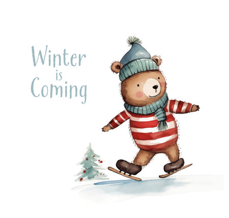 Watercolor illustration of a cute teddy bear in winter clothes on skates.のイラスト素材