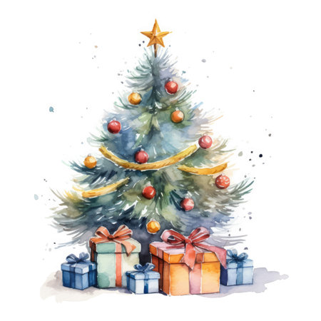 Watercolor Christmas tree with gifts. Hand drawn illustration isolated on white backgroundのイラスト素材
