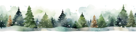 Watercolor winter forest with snowflakes and fir trees. Horizontal banner.のイラスト素材