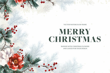 Christmas greeting card with fir branches, berries and snowflakes. Vector illustration.のイラスト素材