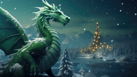 Dragon in the snow with a temple in the background. AI generated illustration.の写真素材