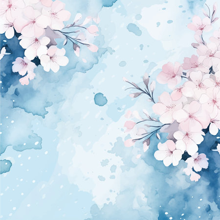 Cherry blossom on blue watercolor background. Vector illustration.のイラスト素材