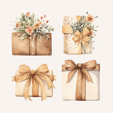 Hand drawn watercolor gift boxes with bows and flowers. Vector illustration.のイラスト素材