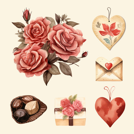 Valentine's day greeting card with roses, chocolate and heart. Vector illustration.のイラスト素材