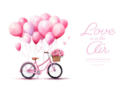 Bicycle with pink balloons and flowers. Valentine's day greeting card.のイラスト素材