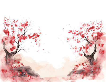 Watercolor hand drawn illustration of red cherry blossom tree on white backgroundのイラスト素材
