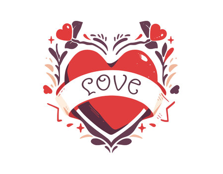 Valentine's day vector illustration. Hand drawn doodle heart and ribbon with text love.のイラスト素材
