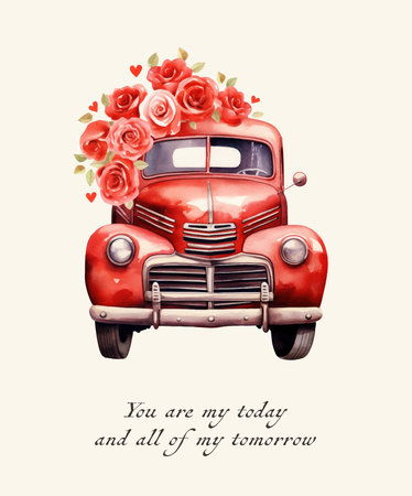 Valentine's day card with retro car and roses. Vector illustration.のイラスト素材