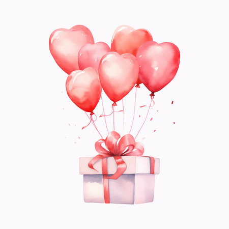 Gift box with heart-shaped balloons. Watercolor illustration.のイラスト素材