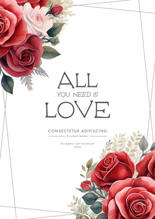 Romantic floral wedding invitation card with red roses and leaves. Vector illustration.のイラスト素材