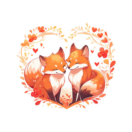 Two foxes in a heart of flowers. Vector illustration on white background.のイラスト素材