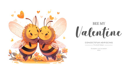 Happy valentines day greeting card with cute cartoon bees. Vector illustrationのイラスト素材