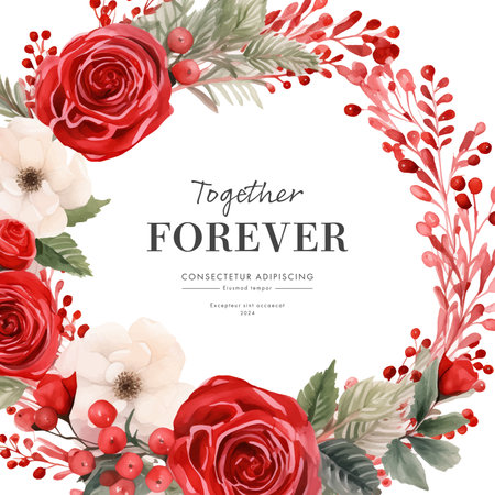 Wreath with red and white roses, berries, leaves, branches and berries. Vector illustration.のイラスト素材