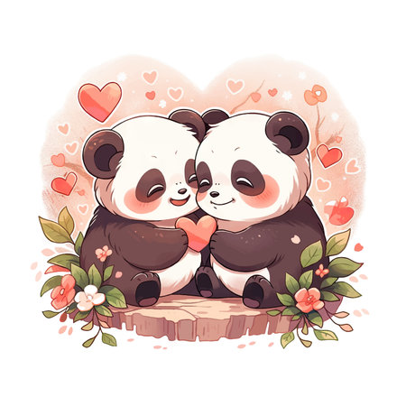 Two cute panda in love. Valentines day card. Vector illustrationのイラスト素材