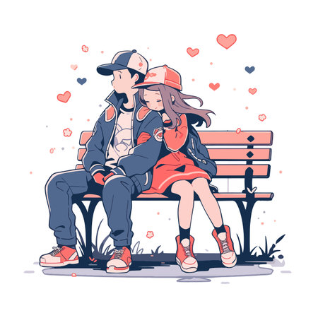Cute couple sitting on a bench in the park. Vector illustration.のイラスト素材