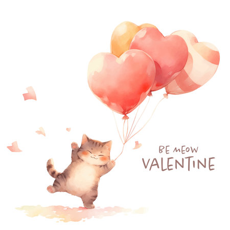 Cute cat with heart-shaped balloons. Watercolor illustration.のイラスト素材