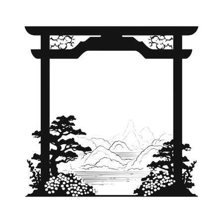 Japanese gate with a view of the lake and the mountains. Vector illustrationのイラスト素材