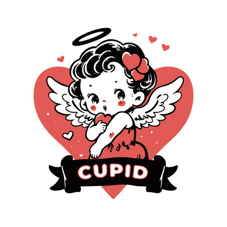 Cute cupid with heart and ribbon. Hand drawn vector illustration.のイラスト素材