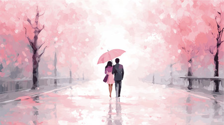 Couple in love walking in the rain in the park, vector illustrationのイラスト素材
