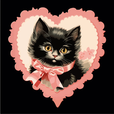 cute black cat with pink bow in the form of a heartのイラスト素材