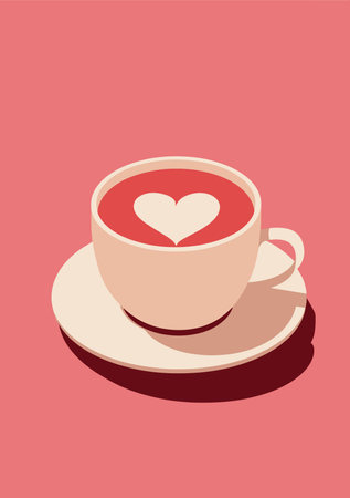 Coffee cup with heart shape on pink background. Vector illustrationのイラスト素材