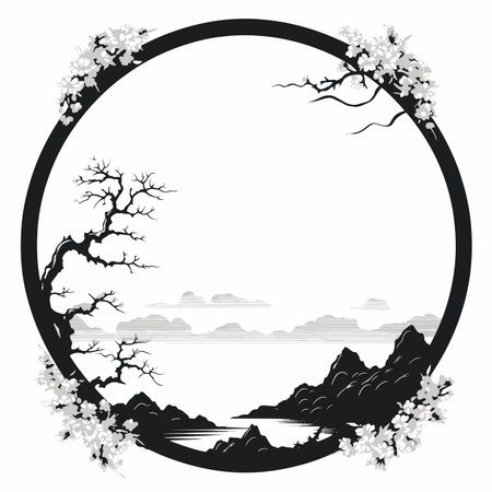 Illustration of a round frame with a silhouette of a tree and a lakeのイラスト素材