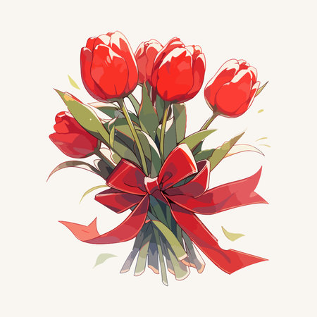Bouquet of tulips with red bow. Vector illustration.のイラスト素材