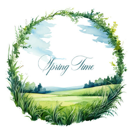 Watercolor round frame with green meadow and forest. Vector illustration.のイラスト素材
