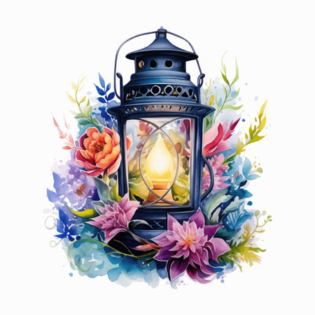 Lantern with flowers. Watercolor illustration isolated on white backgroundの写真素材