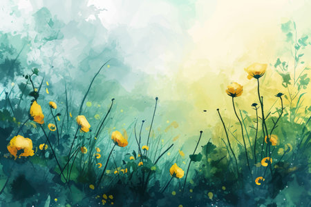 Watercolor spring meadow with yellow poppies. Vector illustrationのイラスト素材