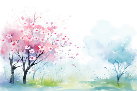 Watercolor cherry blossom tree in spring time. Vector illustration.のイラスト素材