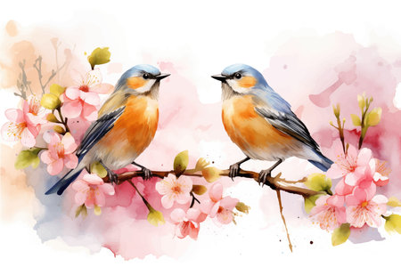 Two birds on a branch of sakura. Watercolor illustration.のイラスト素材