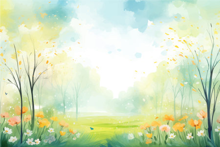 Spring background with daffodils and grass. Vector illustration.のイラスト素材